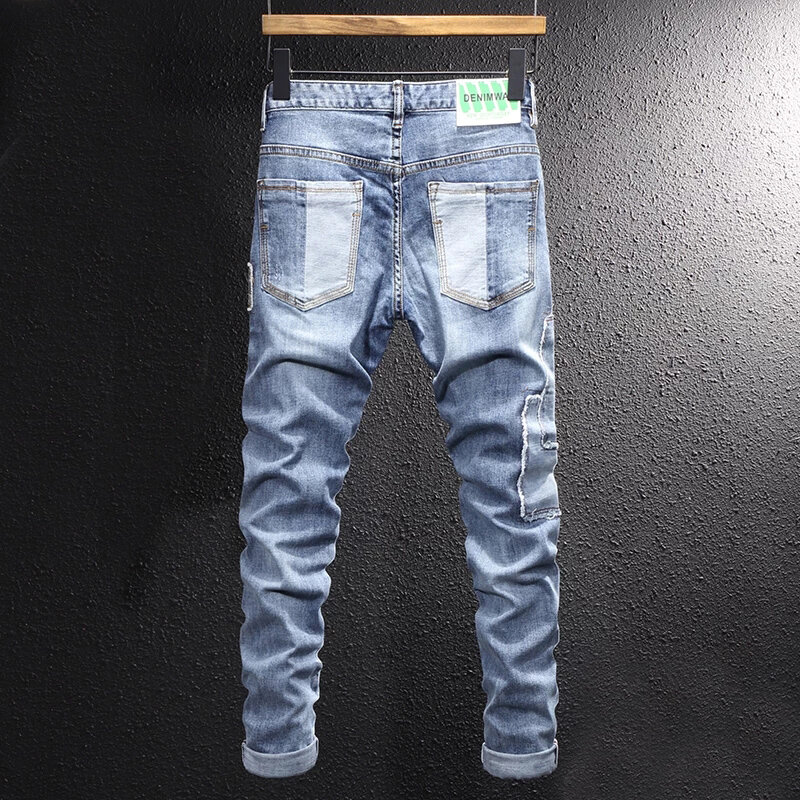 Streetwear moda masculina jeans retro luz azul splice rasgado calças jeans remendos designer hip hop denim calças punk hombre