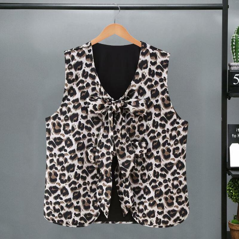 Colete feminino estampado leopardo, colete alto, calças compridas de perna larga, com renda, laço, jaquetas casuais