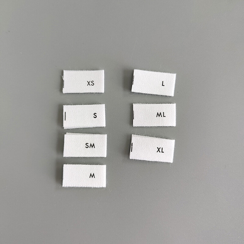 Label ukuran katun putih kustom cetak label katun hitam label ukuran anyaman Tag ukuran lipat Tengah untuk pakaian Photo Bran