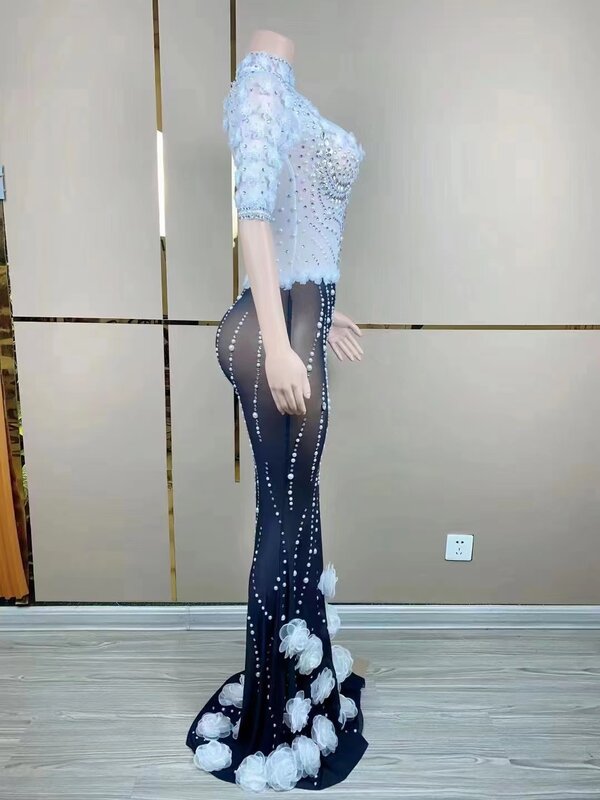 Personalizzato nuova maglia pizzo perla trasparente alta elastico a maniche lunghe paillettes Sexy vestito da partito stretto vestito da spettacolo teatrale