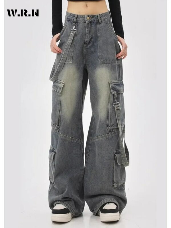 Y2K szerokie nogawki 2000s luźne jeansowe spodnie damskie Vintage Casual PocketsPants damskie główna ulica Retro z wysokim stanem tandety jeansy