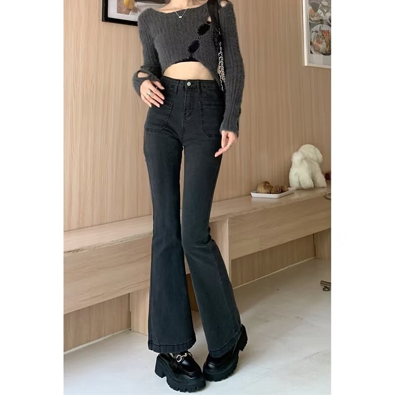 Черно-серые расклешенные джинсы с завышенной талией, женские прямые эластичные узкие брюки-клеш в стиле ретро с широкими штанинами, женские брюки