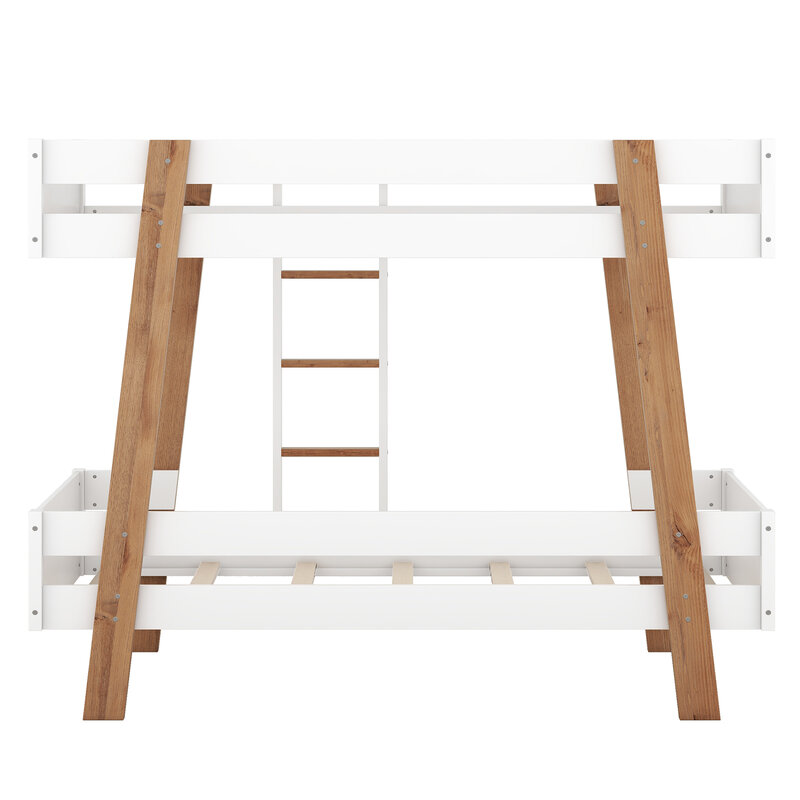 Двухъярусная двухъярусная кровать из дерева со встроенной лестницей и 4 колоннами деревянного цвета, белая