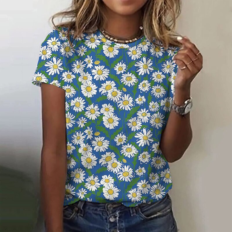 Женская футболка с цветочным принтом, круглым вырезом и коротким рукавом