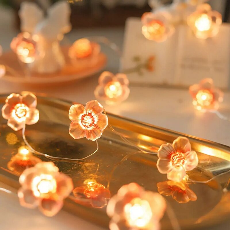 Guirnalda de luces de flor de cerezo rosa de hadas, 2M, 20 LED, funciona con pilas para niños, niñas, dormitorio, boda, decoración de Navidad