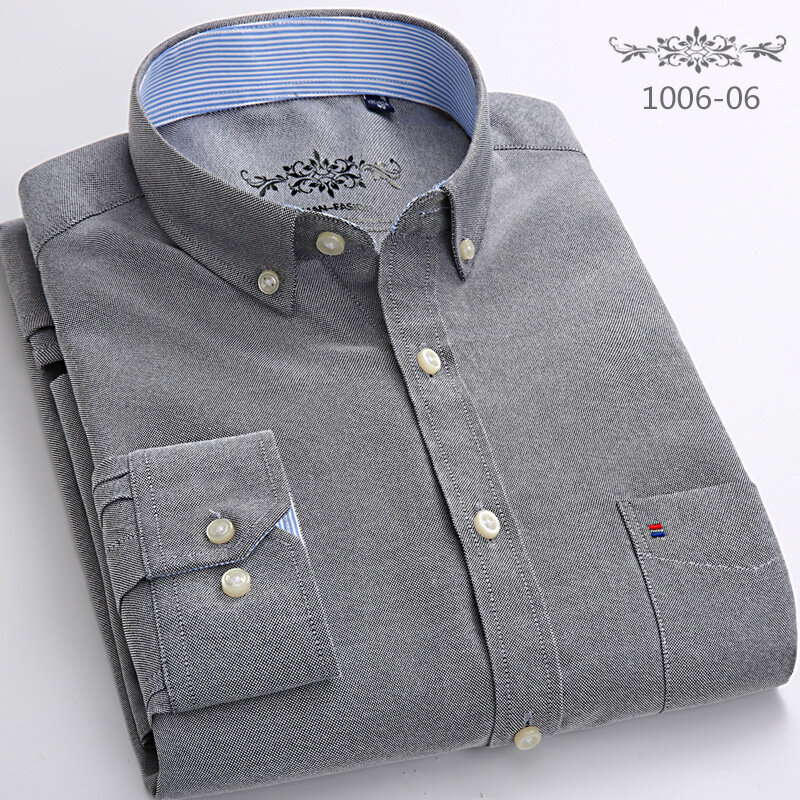 New Men's Long Sleeve Oxford PlaidStriped Casual Shirt Front Patch Chest PocketRegular-fit Button-down Collar Thick Work Shirts