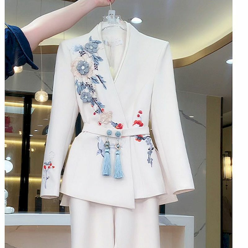 Insozkdg Ladies Embroidery Wide-leg Pants Suit Women Spring Autumn New Ladies Professional Women Suit Jacket Suit Two-piece Suit