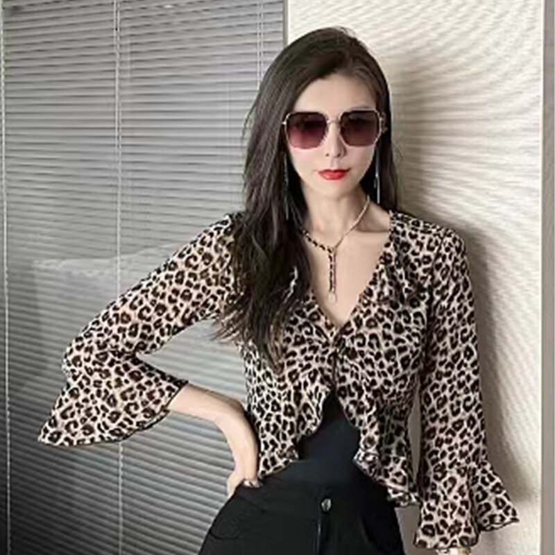 Leopard Shirts Women Cozy French Style Crop Fashion Streetwewar All-match Causal Female Tops Temperament Summer New Arrival Chic