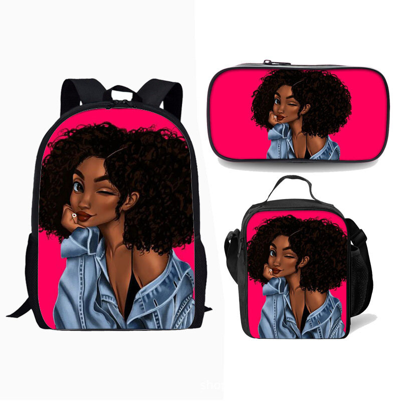 Klassische Neuheit schwarzes Mädchen afrikanisches Mädchen 3d drucken 3 teile/satz Schüler Schult aschen Laptop Daypack Rucksack Lunch Bag Bleistift Fall