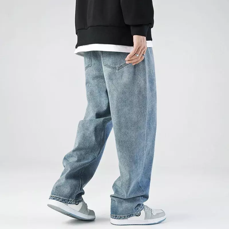 جينز رجالي ياباني بساق مستقيمة فضفاض مناسب ، بنطلون مغسول ومغطى ، بنطلون كاجوال كلاسيكي أساسي متعدد الاستخدامات ، الربيع والخريف