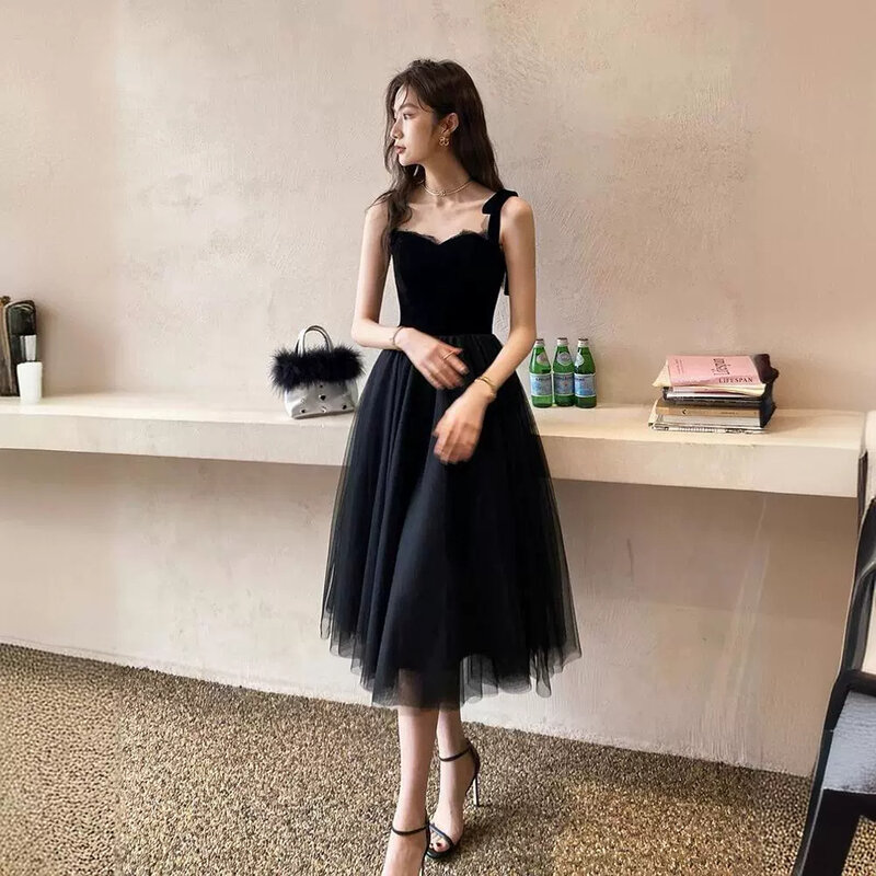 Elegant Wide Strap Evening Guest Prom Long Dresses 2024 Sexy Square Neck Summer Tea-Length Wedding Dresses Birthday Party Dress