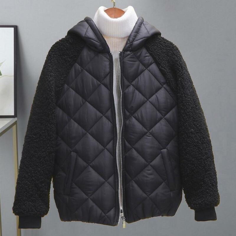 女性用フード付きコットンコート,裏地付きニット生地,長袖,ポケット付きパッチワークジャケット,耐寒性,冬