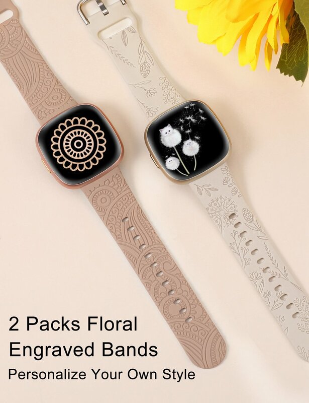 TOYOUTHS 2 Packs Floral Engraved Band for Fitbit Versa 4/Versa 3/Sense 2/Sense Women Men Henna Dandelion Silicone Sport Strap