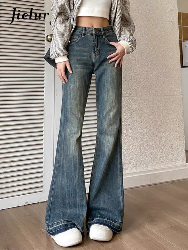 Jielur Fashion Slim Casual Vintage Blue Women‘s Jeans Winter American Style Chic Office Ladies Pockets Basic Female Flare Pants