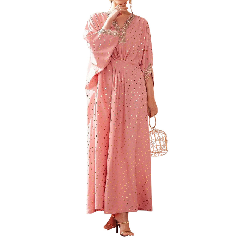 2023 Middle Eastern Dubai Muslim Abayat Dress Pink Polka-dot Dress with Gilded Waist Characteristic Lace Kaftan Dress Wholesale