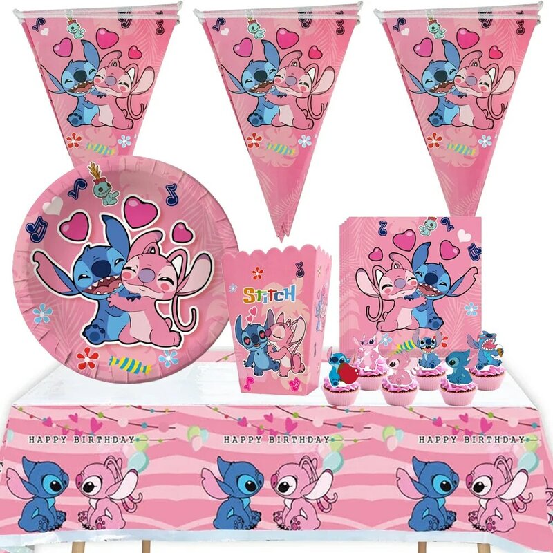 디즈니 Lilo 스티치 핑크 천사 생일 파티 일회용 식기 세트, 베이비 샤워 웨딩 파티 장식 용품