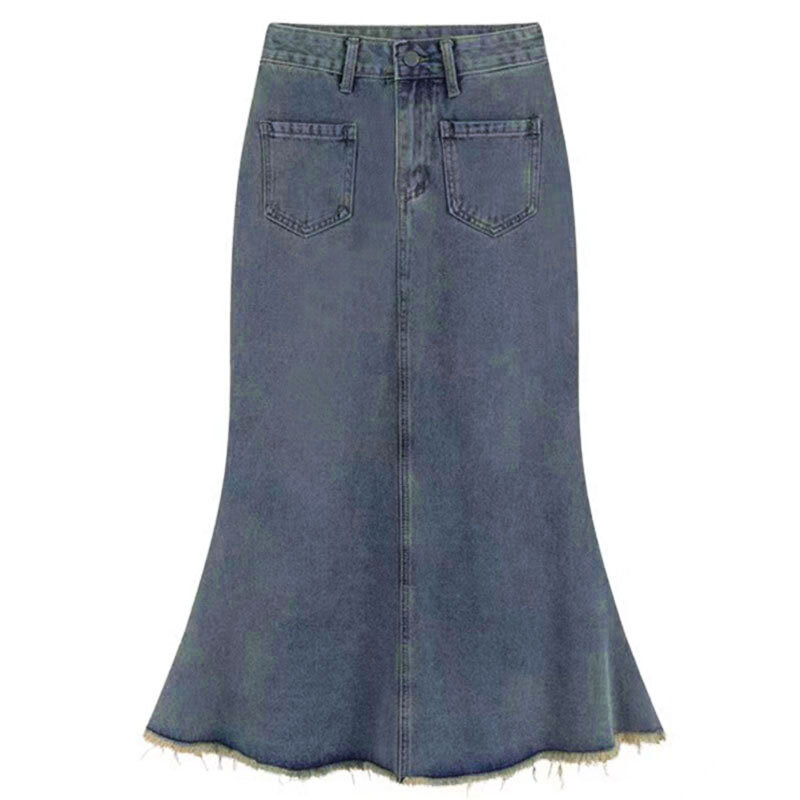 Saia jeans de meia cintura alta feminina, em forma de pêra, com design de serapilheira, pacote retrô, cauda de peixe linha A do quadril, saia de comprimento médio
