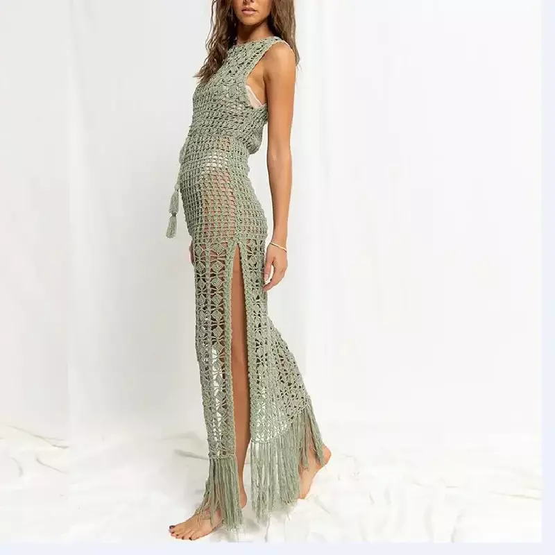 2024 New Women's Summer Knitted Bikini Cover-Up Sexy Solid Color Crocheted Hollow Out Sleeveless Side Slit Tassels Beach Dresses
