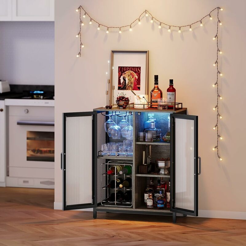 Armario de Bar para el hogar, minibarra LED, gabinete de acento Industrial, con almacenamiento de 5 niveles y estantes ajustables