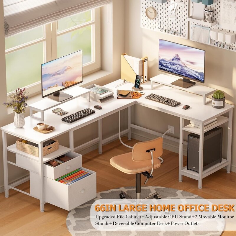 Furologee White 66” L Shaped Desk with Power Outlet, Reversible Computer Desk with File Drawer & 2 Monitor Stands, Home