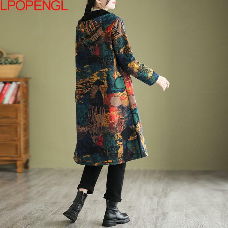 Ethnic Style New Women's Autumn And Winter Fleece Thickened Mid-length Hooded Loose-sleeved Single Breasted Wide-waisted Coat