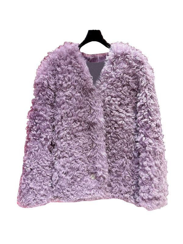 Abrigo de piel con cuello en V, abrigo corto y ajustado, diseño de botonadura única, cálido y cómodo, novedad de invierno 2023, 1120
