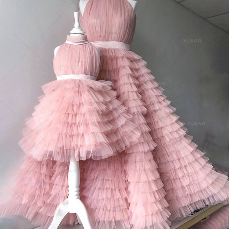 Розовые пышные платья из тюля для матери и меня, платье для девочек, платье для фотосессии, платье для мамы и дочки с дополнительными оборками для дня рождения