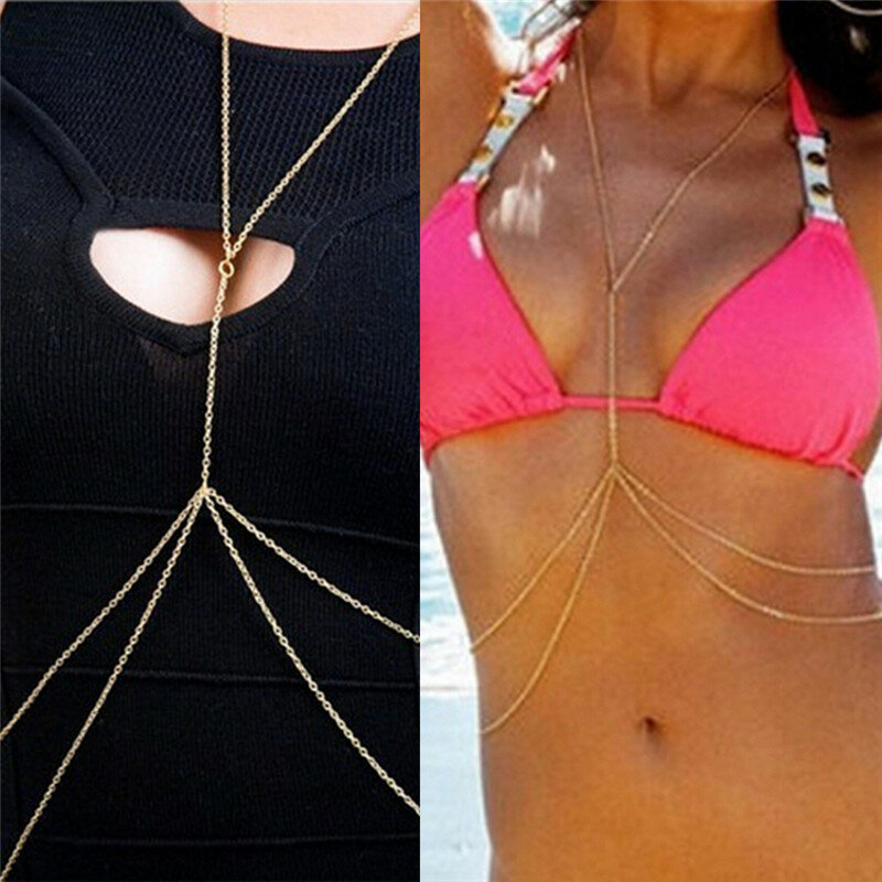 Cadena para el pecho para mujer, cadena para el vientre, Bikini, cadena cruzada para la cintura, chica, moda de playa, Simple, de lujo