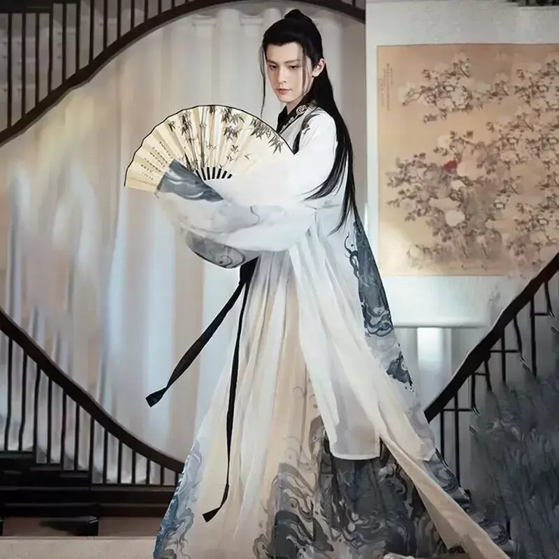 Hanfu chinês tradicional estampado para homens, tamanho grande 2XL, traje de cosplay masculino halloween gradiente branco e verde, conjuntos 3pcs