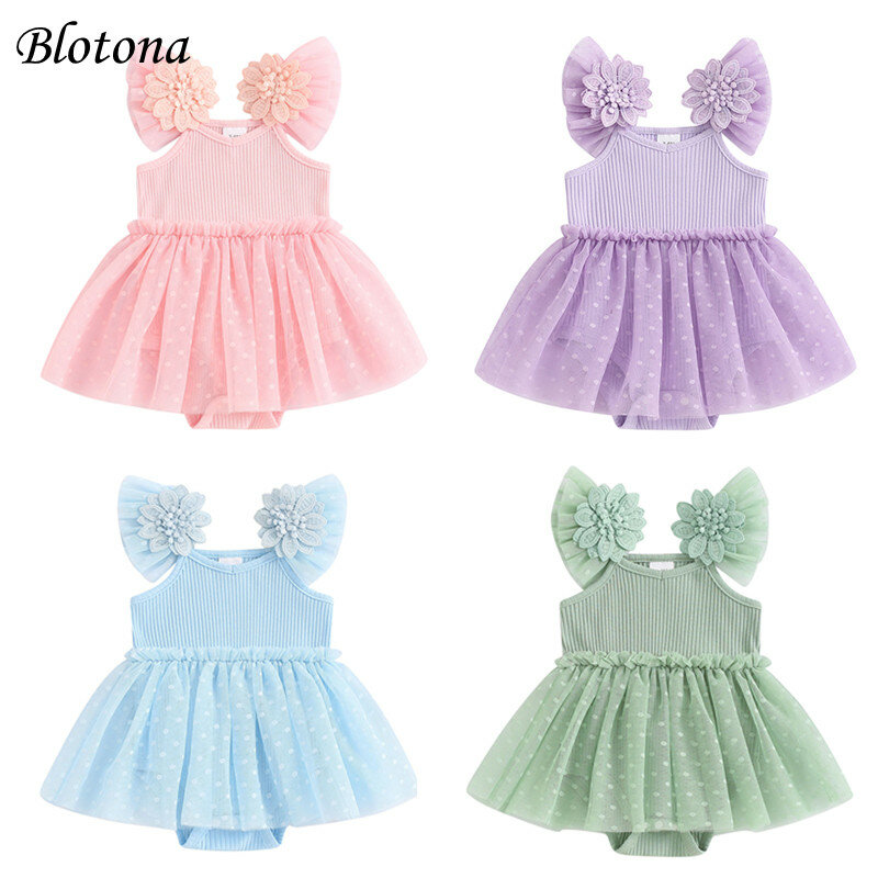 Летнее платье-комбинезон для маленьких девочек Blotona, повседневный сетчатый лоскутный комбинезон в рубчик с оборками для новорожденных, милая одежда