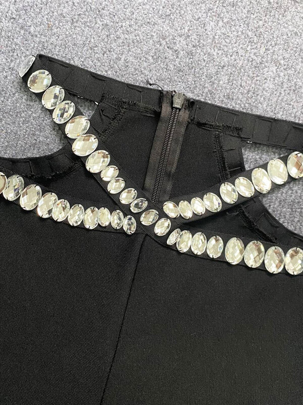 Seksowne krzyżowe diamenty drążą spodnie ołówkowe damskie czarne patchworkowe kryształowe bandażowe wyszczuplające długie spodnie