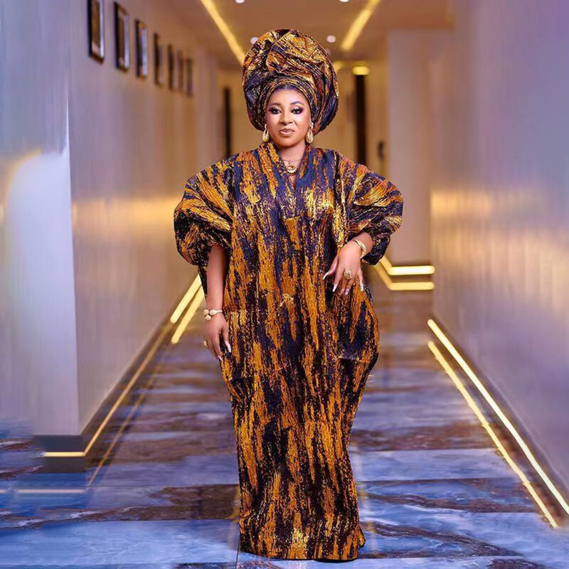 Afrykańska amerykańska matka kosztowna, niestandardowa, luźna sukienka z gorącej złote żakardowe