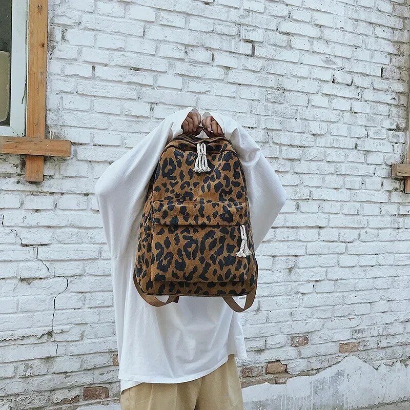 Leopard Print Soft Backpack Portable Large-capacity Student Corduroy Double Shoulder Schoolbags Bag