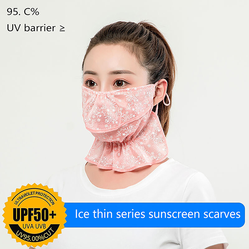 女性用フローラルレースフェイスマスク、日焼け止めマスク、防塵、通気性、風砂ベール、開口部、夏、屋外サイクリング、ネック保護