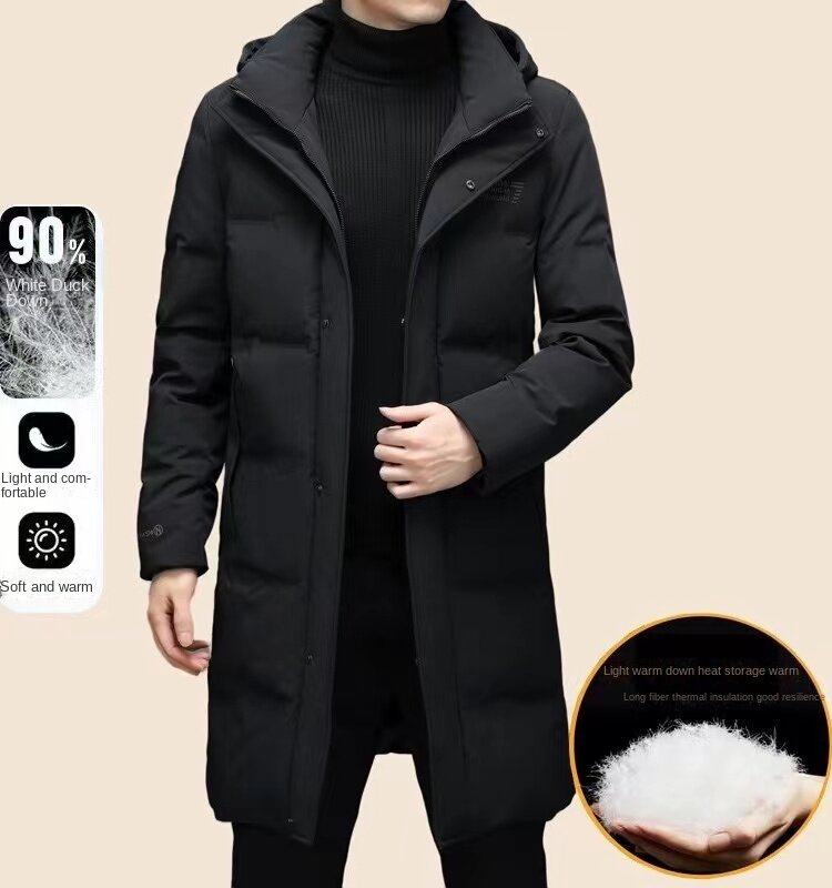 Зимнее мужское длинное пальто 2024, женское роскошное Брендовое пальто с капюшоном и защитой от холода, мужское простое теплое пальто на белом утином пуху для отдыха