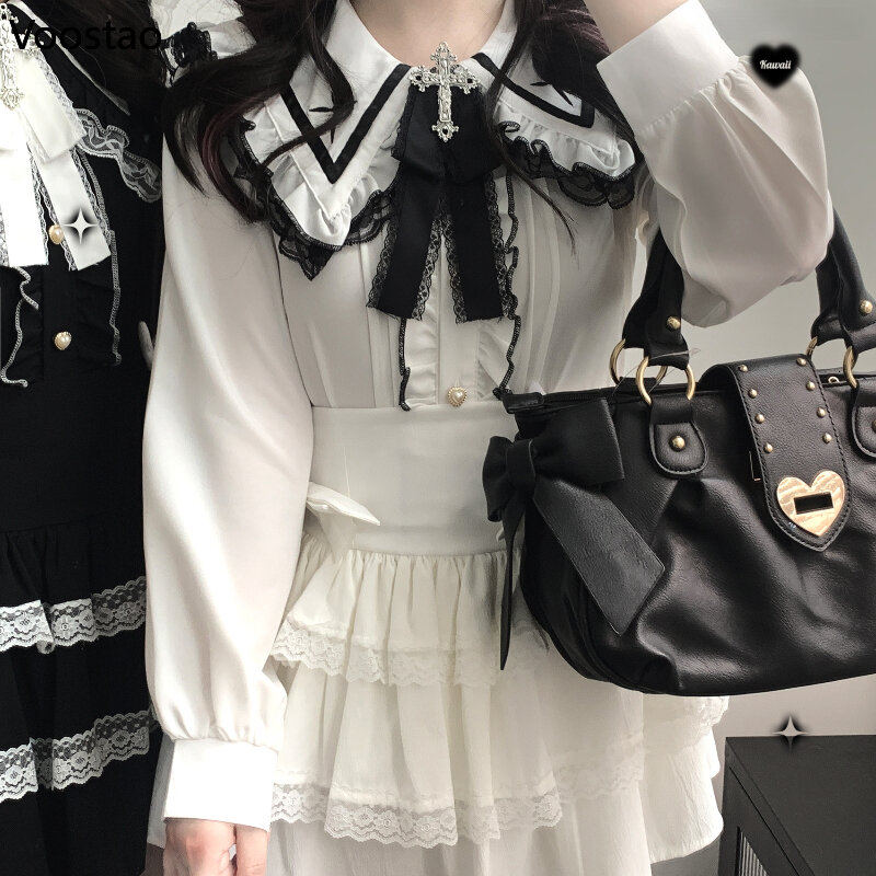 Victorian Gothic Y2k Lolita Shirt Japanese Sweet Lace Ruffles Cross Sailor Collar Loose Blouses Women Cute Punk Long Sleeve Tops