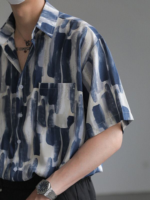 Vintage Muster Druck Shirt für Männer Kurzarm Turn-Down Kragen geknöpfte Hemden Männer Sommer Freizeit lose Hemd Streetwear