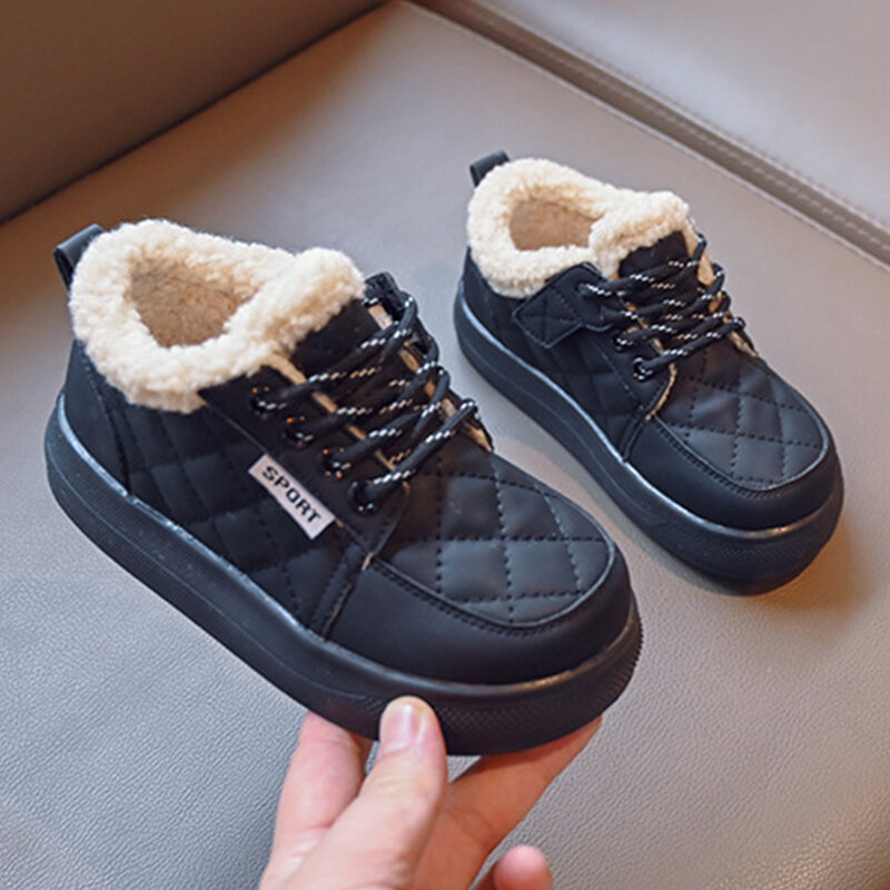 Inverno botas curtas crianças nova moda sapatos sapatilhas meninas rendas até sólido engrossar sapatos casuais de algodão manter sapatos quentes meninos