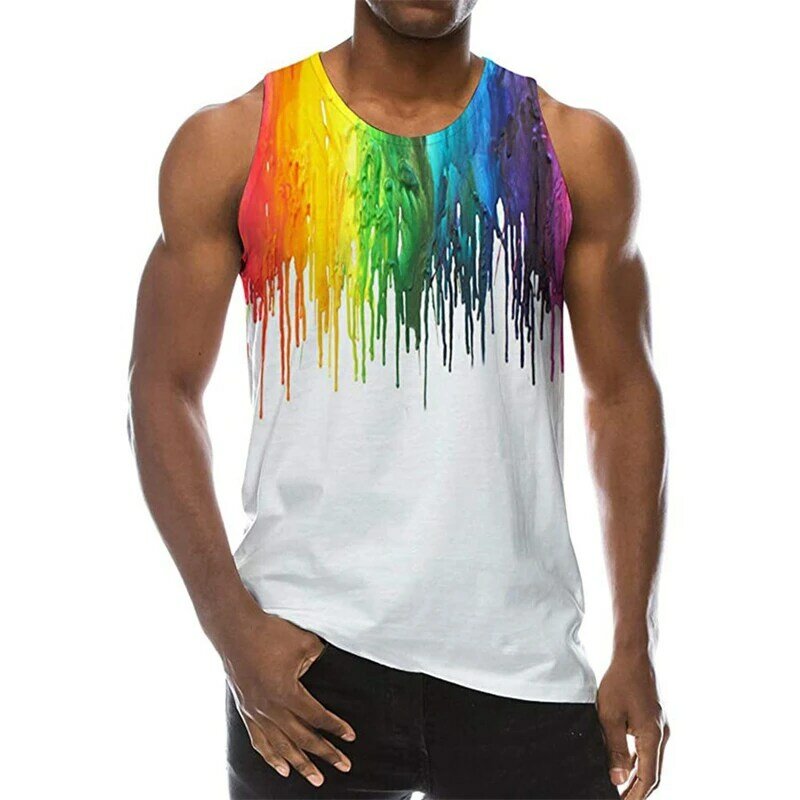 ペイントパターンの3Dプリントが施されたクルーネックTシャツ,大きな虹色のトップ,カジュアルなヒップホップスタイル,2023コレクション
