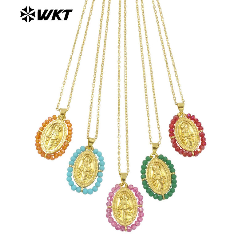 WT-MN985 Special Colorful Crystal Beads And Yellow Brass Religious Pendant Necklace For Daily Decorated Jewelry Decorated
