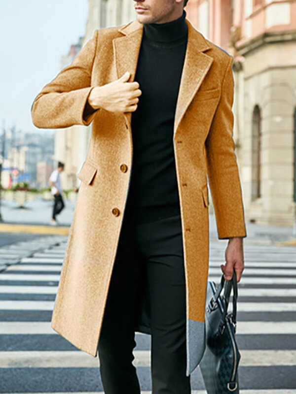 Abrigo de lana de un solo pecho para hombre, abrigo largo ajustado, cuello de solapa sólido, chaquetas de calle de otoño e invierno