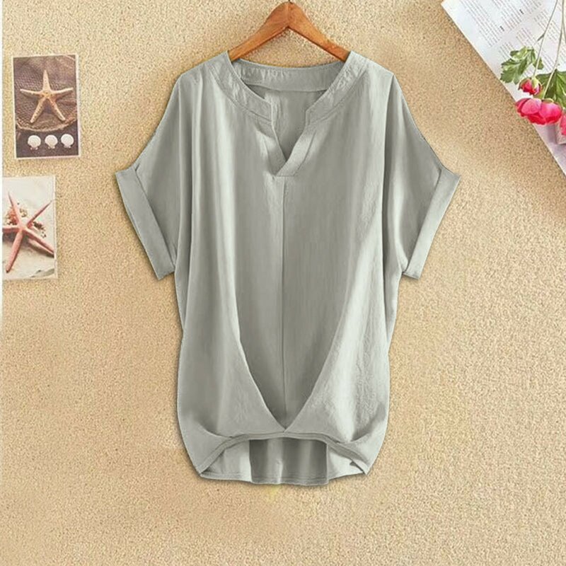 Camisas de algodón y lino para mujer, blusa de manga corta con botones y cuello en V, holgada de gran tamaño, informal, cómoda, Color sólido
