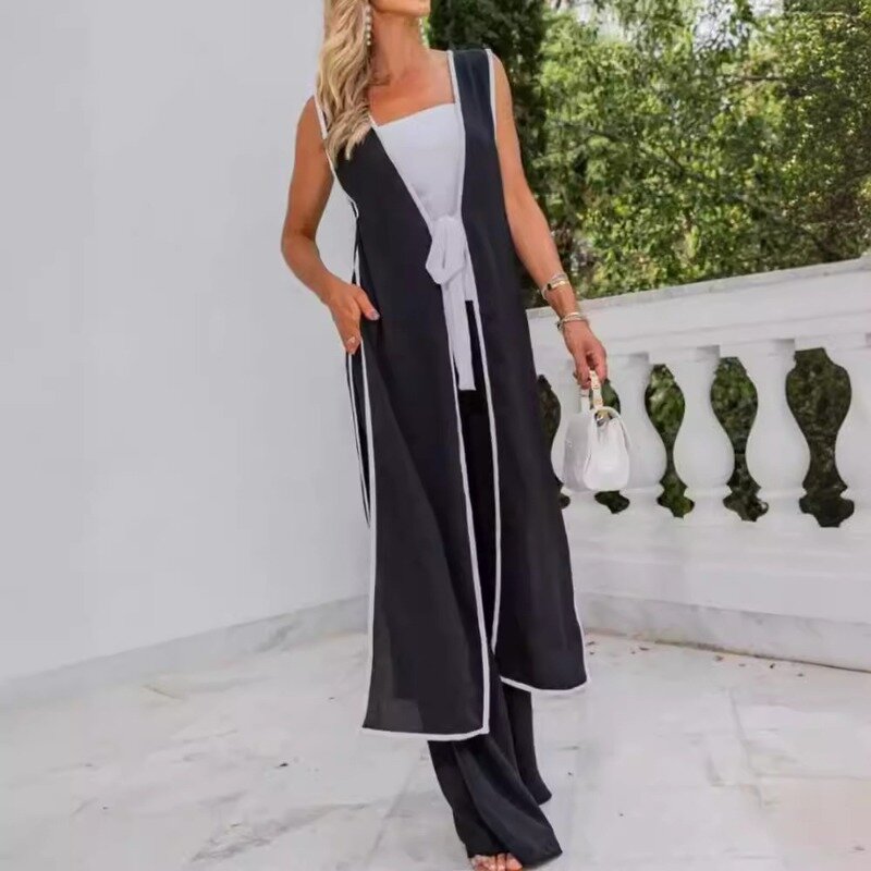 2024 Spring New Loose Two-Piece Suit Women's Sleeveless Cardigan Lace up Bow Long Top High Waist Wide Leg Pants Trousers Suit