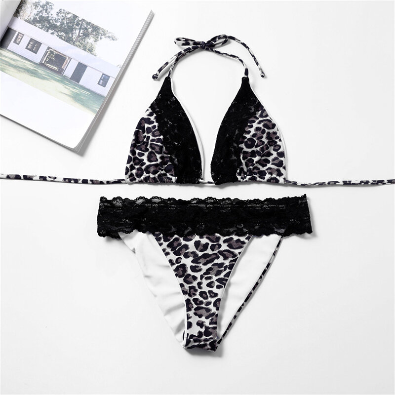 Bikini con estampado Animal de leopardo para mujer, traje de baño Sexy con sujetador acolchado de encaje, conjunto de 2 piezas, 2023