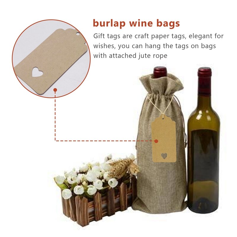 Bolsas de arpillera para vino, bolsas de yute para botellas de vino con cordones, reutilizables, con etiquetas para fiesta, degustación ciega, 12 unidades