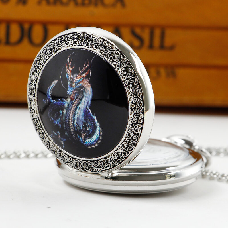 Reloj de bolsillo de cuarzo con parche de Dragón Volador azul Retro para hombres y mujeres, Steampunk, collar, cadena, colgante, reloj, regalos