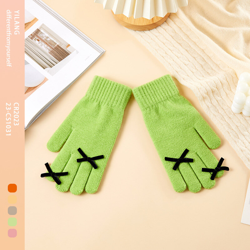 Женские зимние теплые трикотажные перчатки с бантом, карамельные цвета