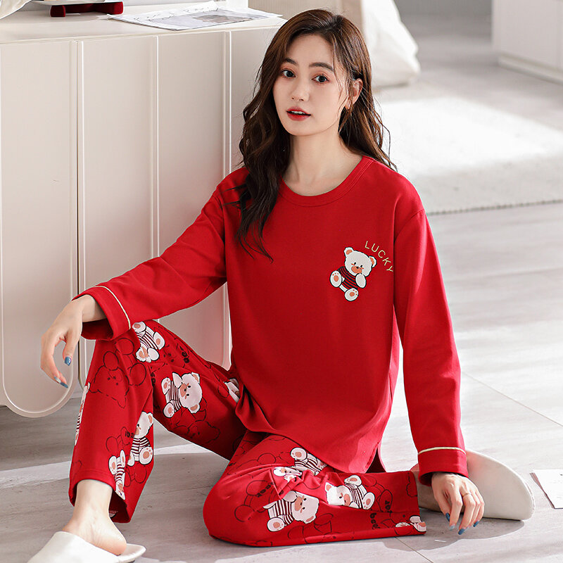 Newest Spring and Autumn 100％ Cotton Women Pajamas Set Cute Cartoon Pijama Long Sleeve Sleepwear Female Homewear