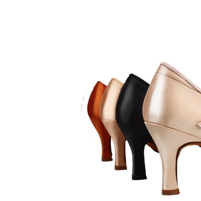 표준 여성용 댄스 신발, 탄 새틴 하이로우 힐, 여성용 볼룸 댄스 신발, 부드러운 밑창, 현대 무용 신발, 하이힐