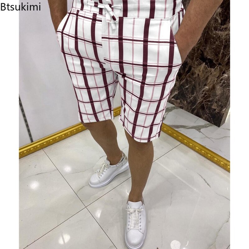 Fashion Men's Casual Shorts 2024 Summer Slim Stretch Stripted Business Office Shorts Male Daily Wear Trend Plaid Short Trousers
